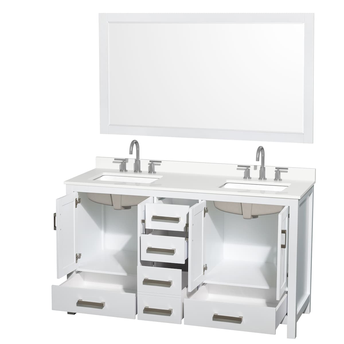 Sheffield 60" Free Standing Double Basin Vanity Set with Cabinet, Quartz Vanity Top, and Framed Mirror