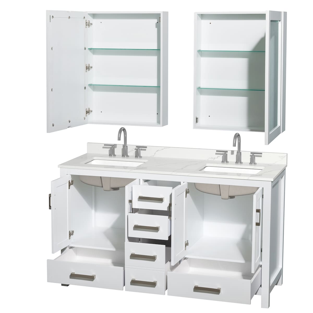 Sheffield 60" Free Standing Double Basin Vanity Set with Cabinet, Quartz Vanity Top, and Medicine Cabinet