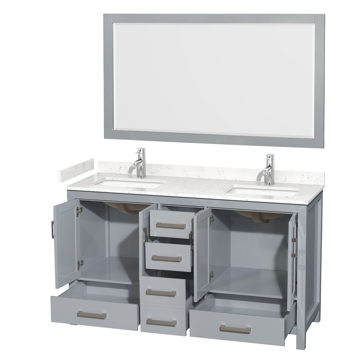 Sheffield 60" Free Standing Double Basin Vanity Set with Cabinet, Cultured Marble Vanity Top, and Framed Mirror