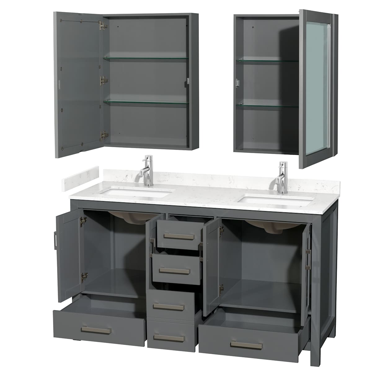 Sheffield 60" Free Standing Double Basin Vanity Set with Cabinet, Cultured Marble Vanity Top, and Medicine Cabinets