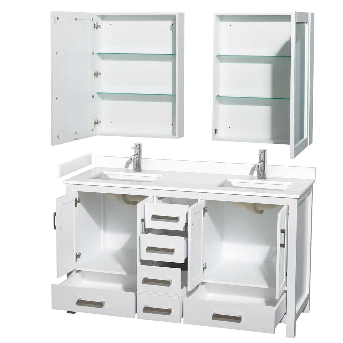 Sheffield 60" Free Standing Double Basin Vanity Set with Cabinet, Cultured Marble Vanity Top, and Medicine Cabinets