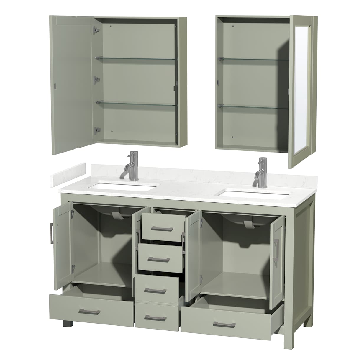 Sheffield 60" Free Standing Double Basin Vanity Set with Cabinet, Cultured Marble Vanity Top, and Medicine Cabinets