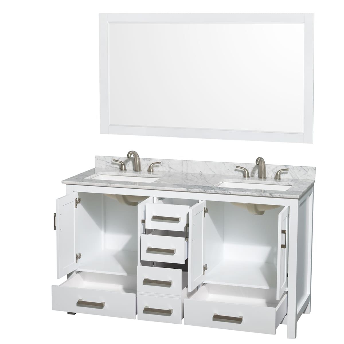 Sheffield 60" Free Standing Double Basin Vanity Set with Wood Cabinet, Marble Vanity Top, and Framed Mirror