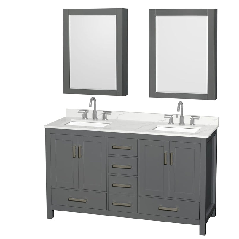 Sheffield 60" Free Standing Double Basin Vanity Set with Cabinet, Quartz Vanity Top, and Medicine Cabinet - image 1
