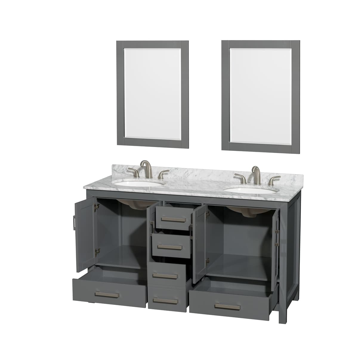 Sheffield 60" Free Standing Double Basin Vanity Set with Hardwood Cabinet, Marble Vanity Top, Framed Mirrors, and Undermount Oval Sinks