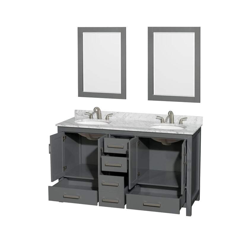 Sheffield 60" Free Standing Double Basin Vanity Set with Hardwood Cabinet, Marble Vanity Top, Framed Mirrors, and Undermount Oval Sinks - image 6