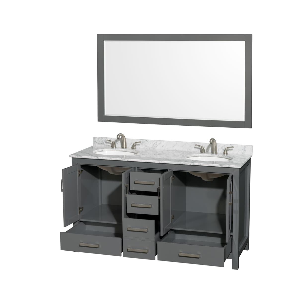 Sheffield 60" Free Standing Double Basin Vanity Set with Cabinet, Marble Vanity Top, and Framed Mirror