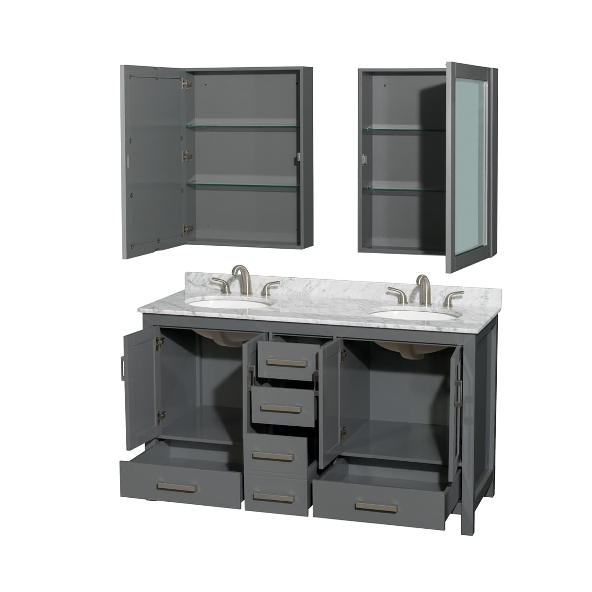 Sheffield 60" Free Standing Double Basin Vanity Set with Cabinet, Marble Vanity Top, and Medicine Cabinets