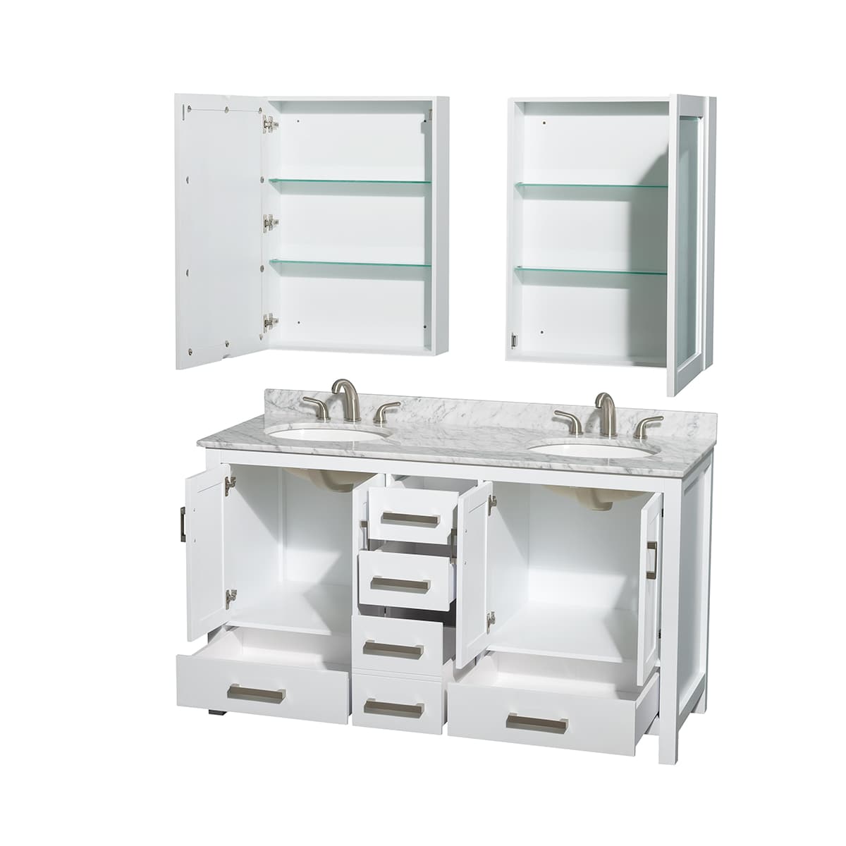 Sheffield 60" Free Standing Double Basin Vanity Set with Cabinet, Marble Vanity Top, and Medicine Cabinets