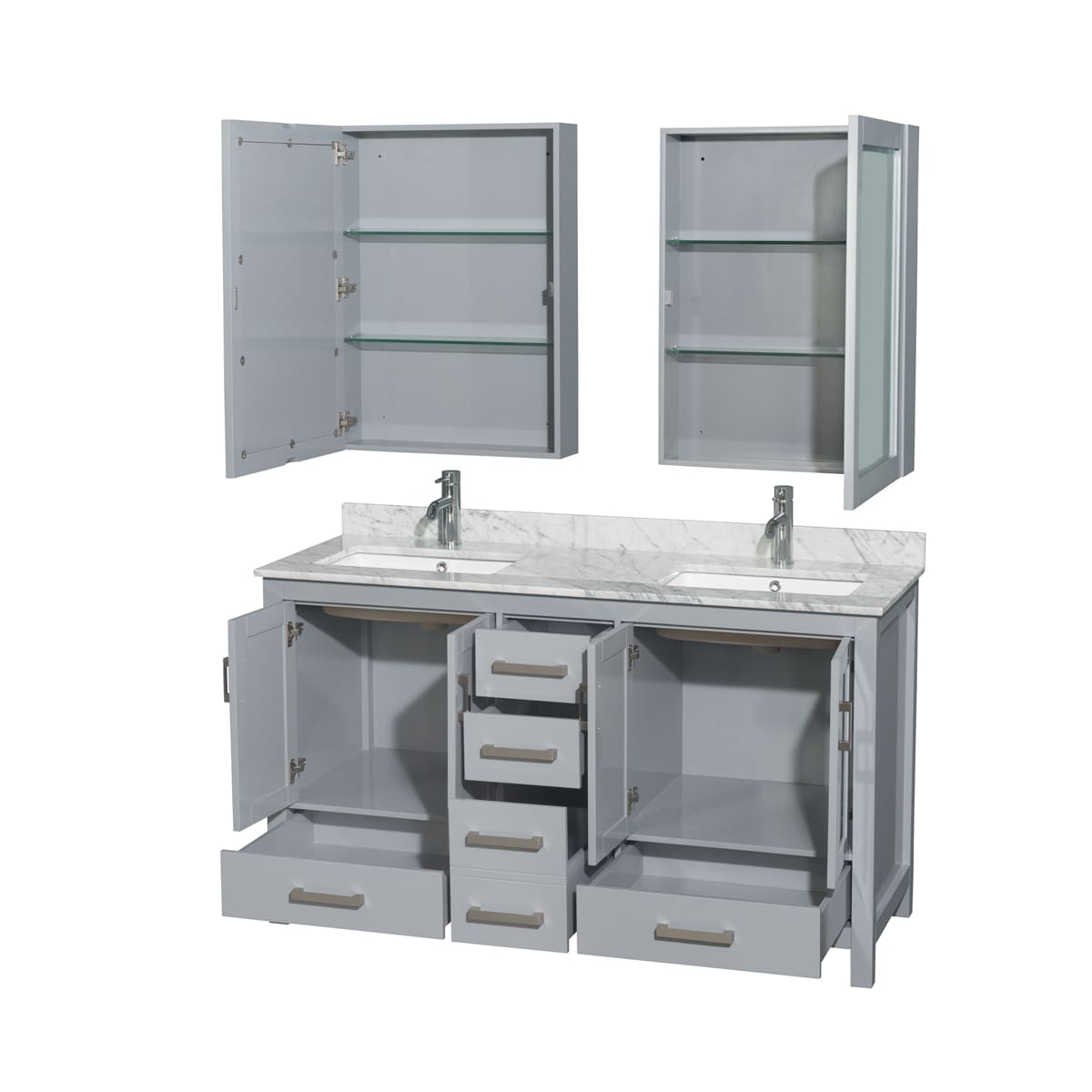 Sheffield 60" Free Standing Double Basin Vanity Set with Cabinet, Marble Vanity Top, and Medicine Cabinets