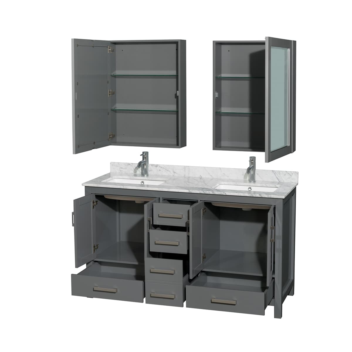 Sheffield 60" Free Standing Double Basin Vanity Set with Cabinet, Marble Vanity Top, and Medicine Cabinets