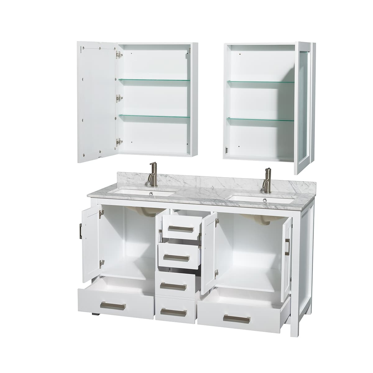 Sheffield 60" Free Standing Double Basin Vanity Set with Cabinet, Marble Vanity Top, and Medicine Cabinets
