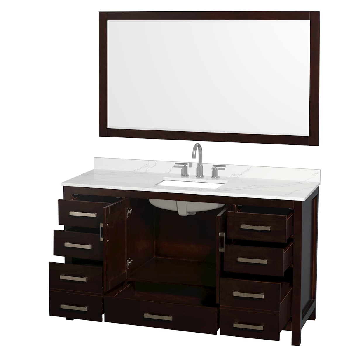 Sheffield 60" Free Standing Single Basin Vanity Set with Cabinet, Quartz Vanity Top, and Framed Mirror