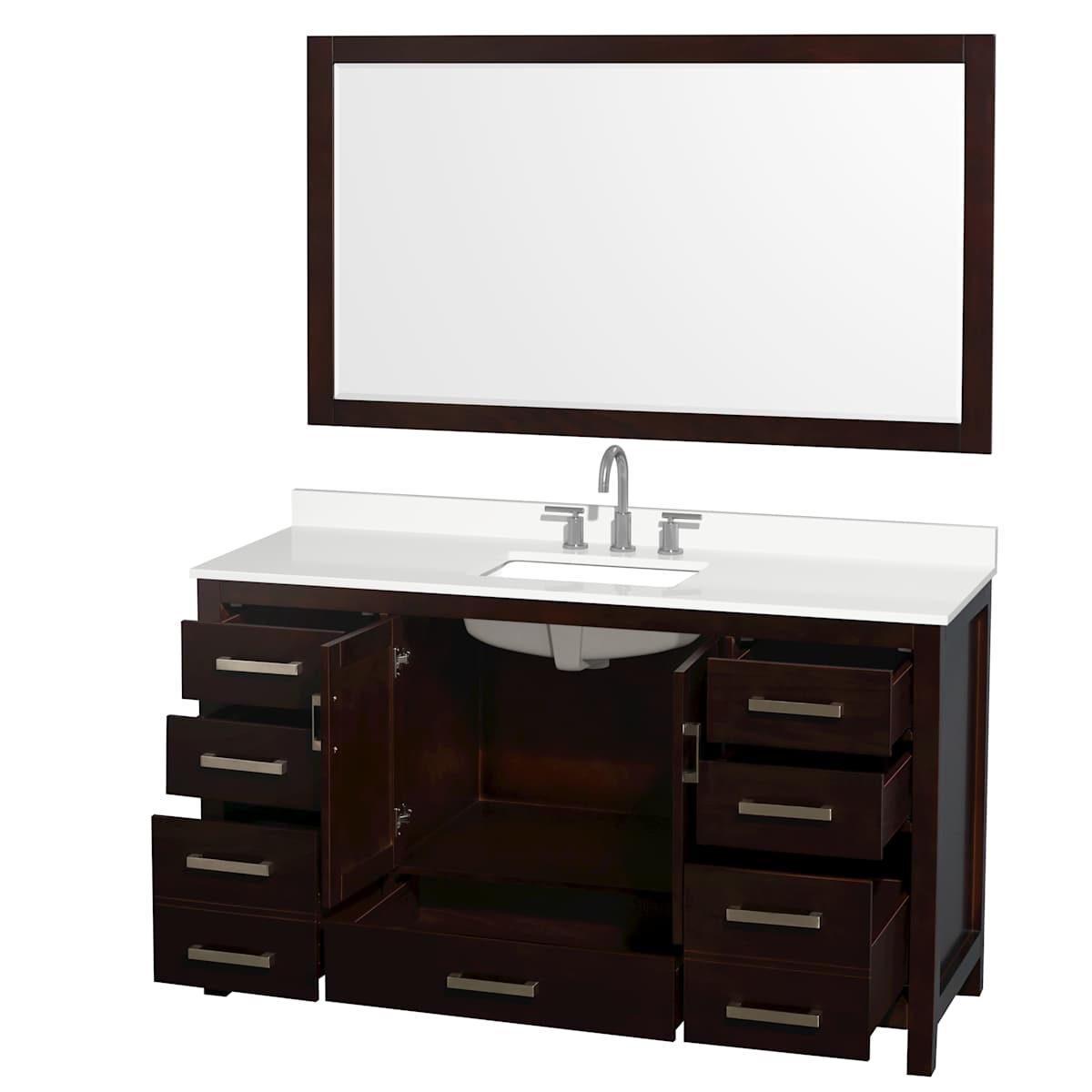 Sheffield 60" Free Standing Single Basin Vanity Set with Cabinet, Quartz Vanity Top, and Framed Mirror