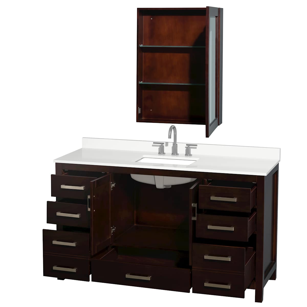 Sheffield 60" Free Standing Single Basin Vanity Set with Cabinet, Quartz Vanity Top, and Medicine Cabinet