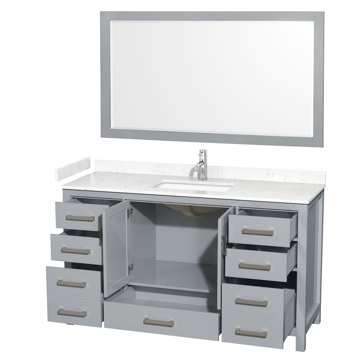 Sheffield 60" Free Standing Single Basin Vanity Set with Cabinet, Cultured Marble Vanity Top, and Framed Mirror