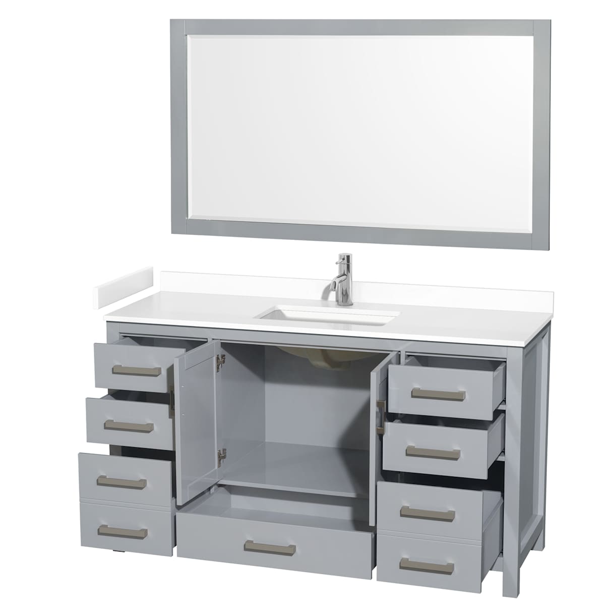 Sheffield 60" Free Standing Single Basin Vanity Set with Cabinet, Cultured Marble Vanity Top, and Framed Mirror