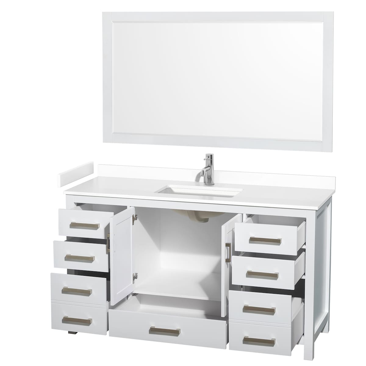 Sheffield 60" Free Standing Single Basin Vanity Set with Cabinet, Cultured Marble Vanity Top, and Framed Mirror