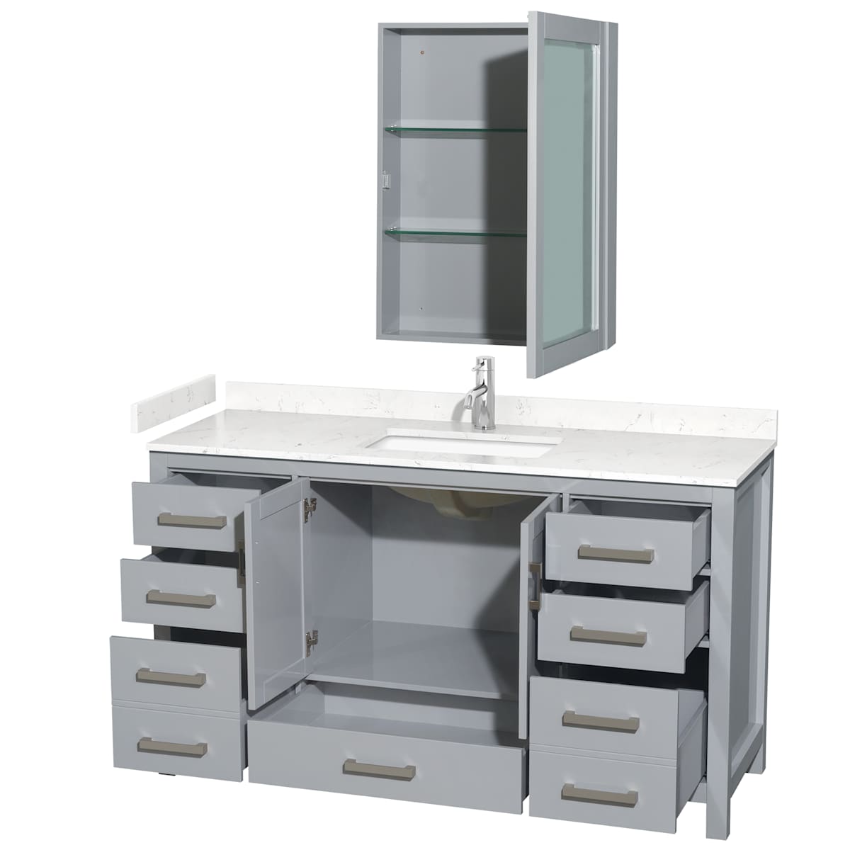 Sheffield 60" Free Standing Single Basin Vanity Set with Cabinet, Cultured Marble Vanity Top, and Medicine Cabinet
