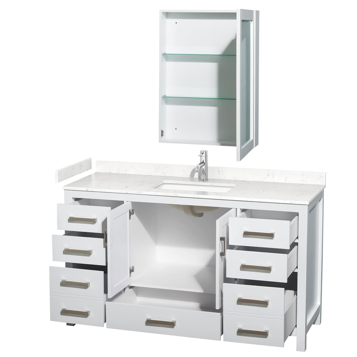 Sheffield 60" Free Standing Single Basin Vanity Set with Cabinet, Cultured Marble Vanity Top, and Medicine Cabinet