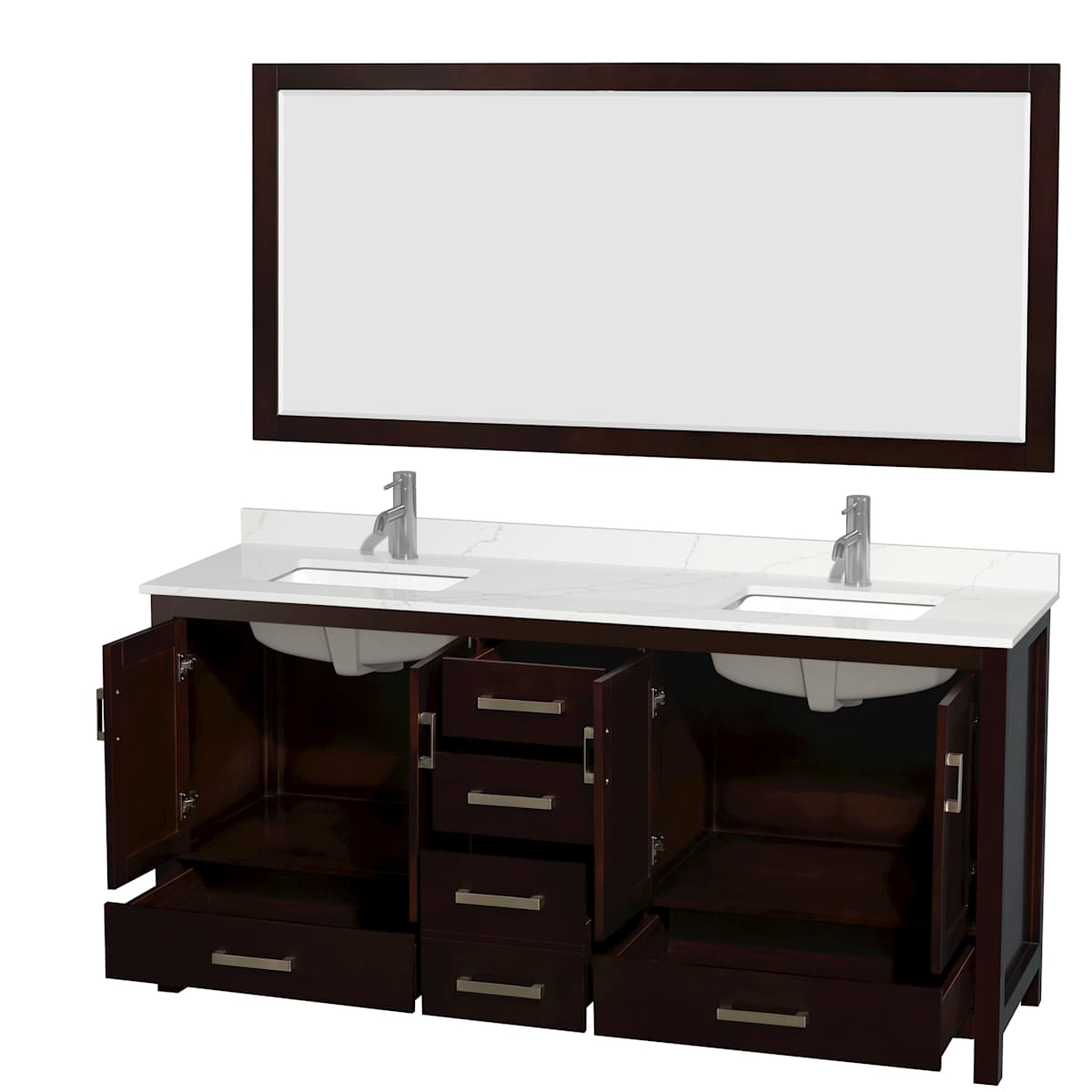 Sheffield 72" Free Standing Double Basin Vanity Set with Cabinet, Quartz Vanity Top, and Framed Mirror