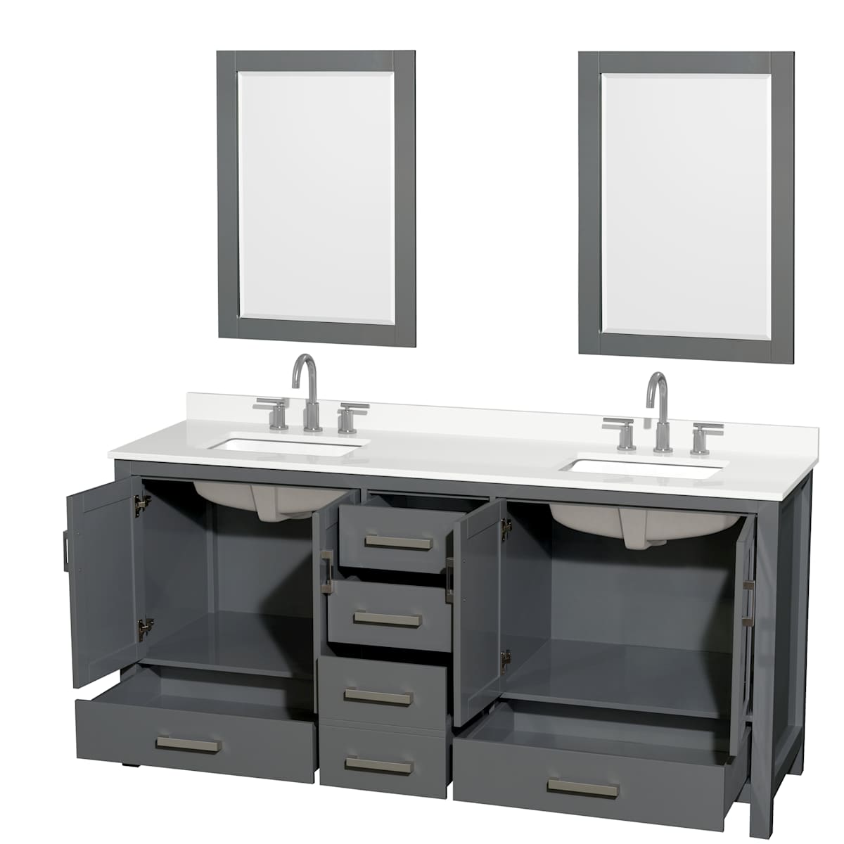 Sheffield 72" Free Standing Double Basin Vanity Set with Cabinet, Quartz Vanity Top, and Framed Mirror