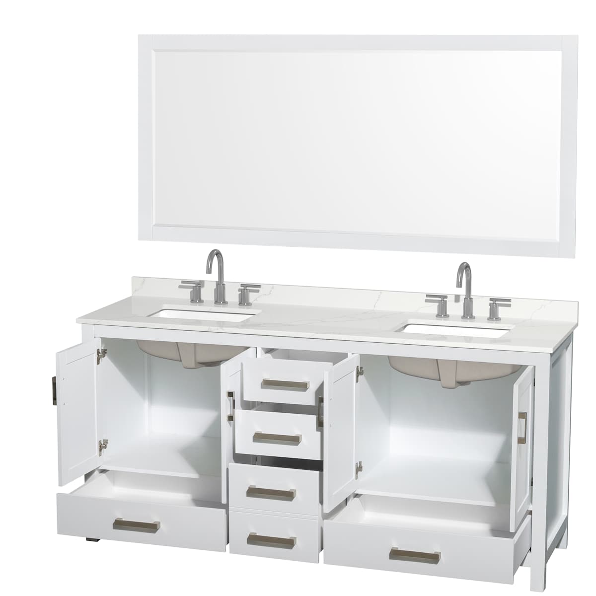 Sheffield 72" Free Standing Double Basin Vanity Set with Cabinet, Quartz Vanity Top, and Framed Mirror