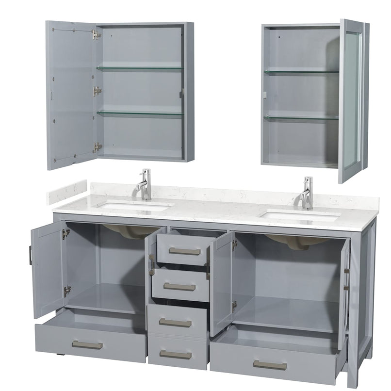 Sheffield 72" Free Standing Double Basin Vanity Set with Cabinet, Cultured Marble Vanity Top, and Medicine Cabinets - image 2