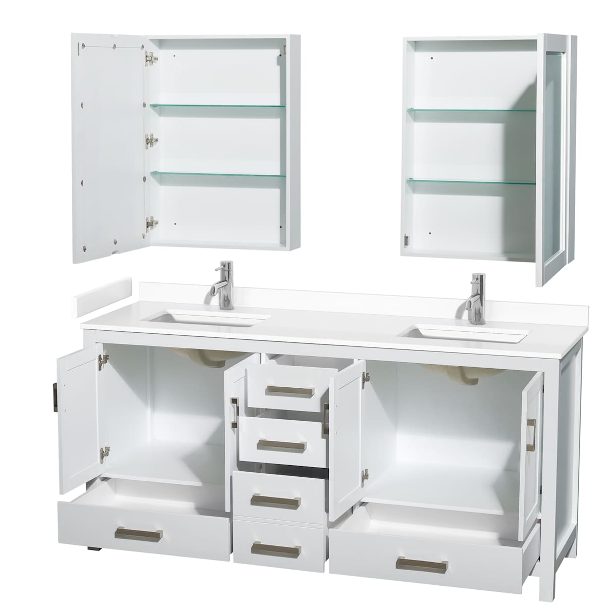 Sheffield 72" Free Standing Double Basin Vanity Set with Cabinet, Cultured Marble Vanity Top, and Medicine Cabinets