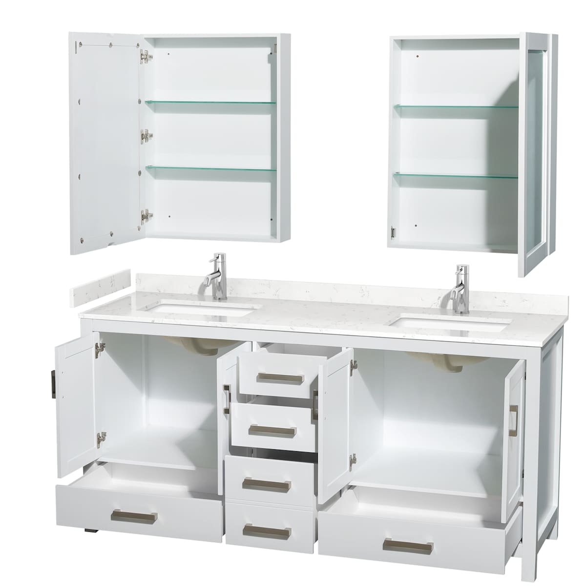 Sheffield 72" Free Standing Double Basin Vanity Set with Cabinet, Cultured Marble Vanity Top, and Medicine Cabinets