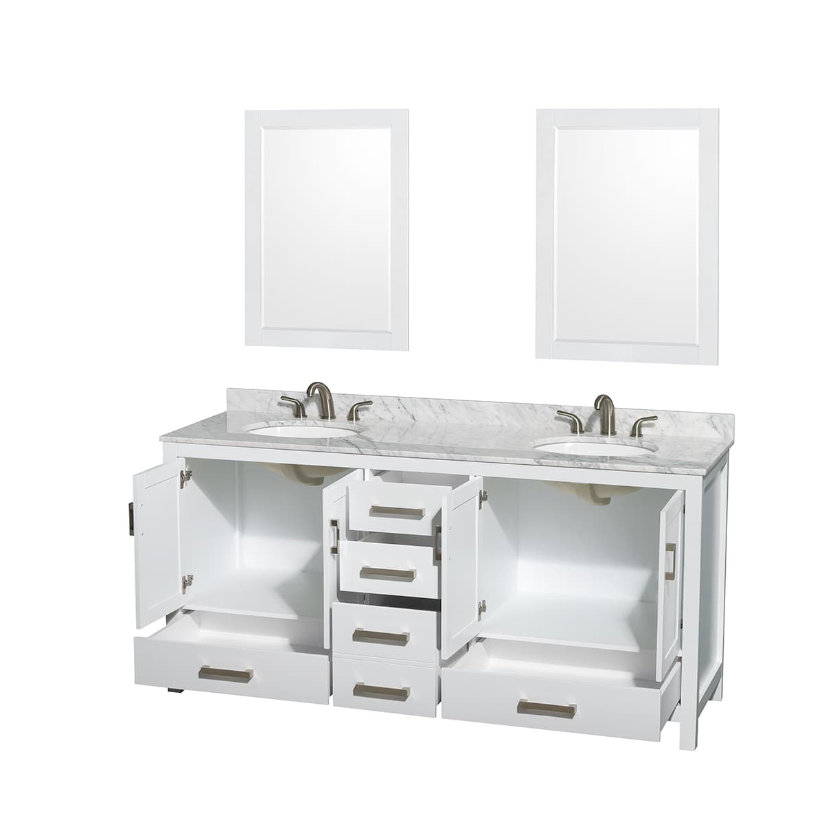 Sheffield 72" Free Standing Double Basin Vanity Set with Hardwood Cabinet, Marble Vanity Top, Framed Mirrors, and Undermount Oval Sinks
