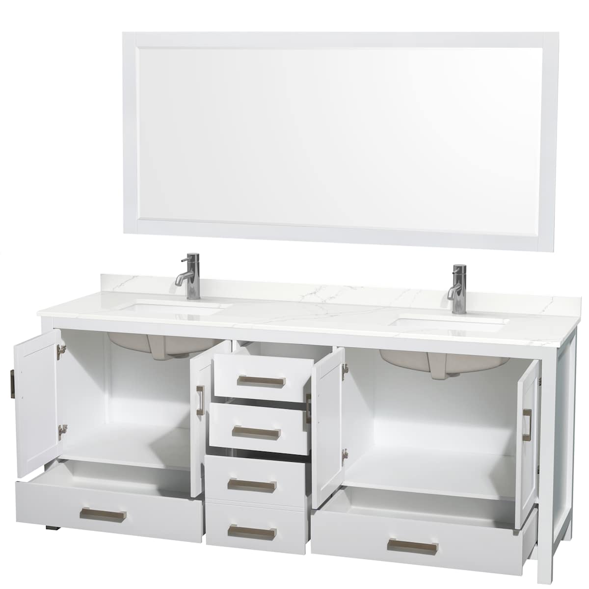 Sheffield 80" Free Standing Double Basin Vanity Set with Cabinet, Quartz Vanity Top, and Framed Mirror