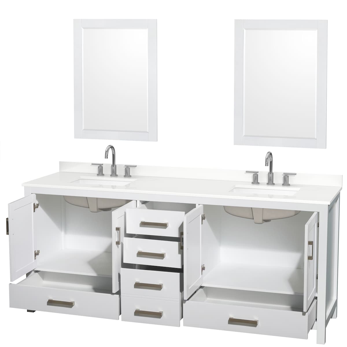 Sheffield 80" Free Standing Double Basin Vanity Set with Cabinet, Quartz Vanity Top, and Framed Mirror