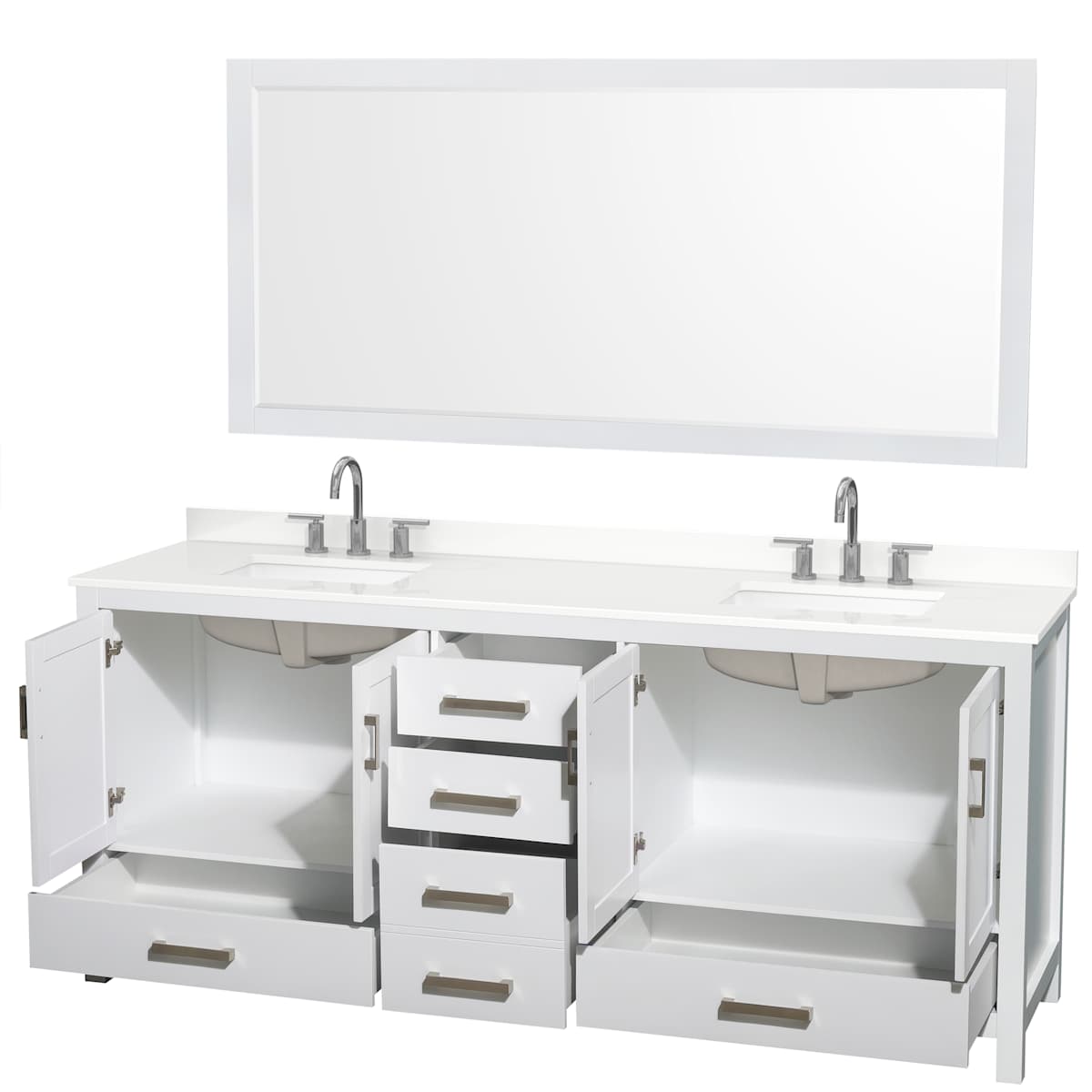 Sheffield 80" Free Standing Double Basin Vanity Set with Cabinet, Quartz Vanity Top, and Framed Mirror