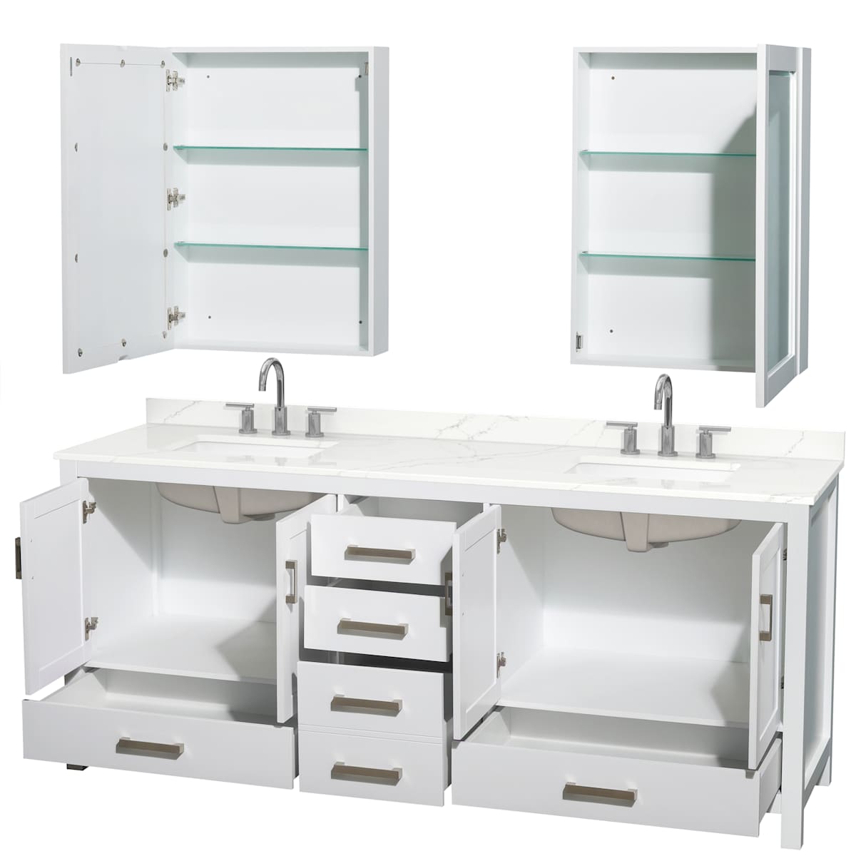 Sheffield 80" Free Standing Double Basin Vanity Set with Cabinet, Quartz Vanity Top, and Medicine Cabinet