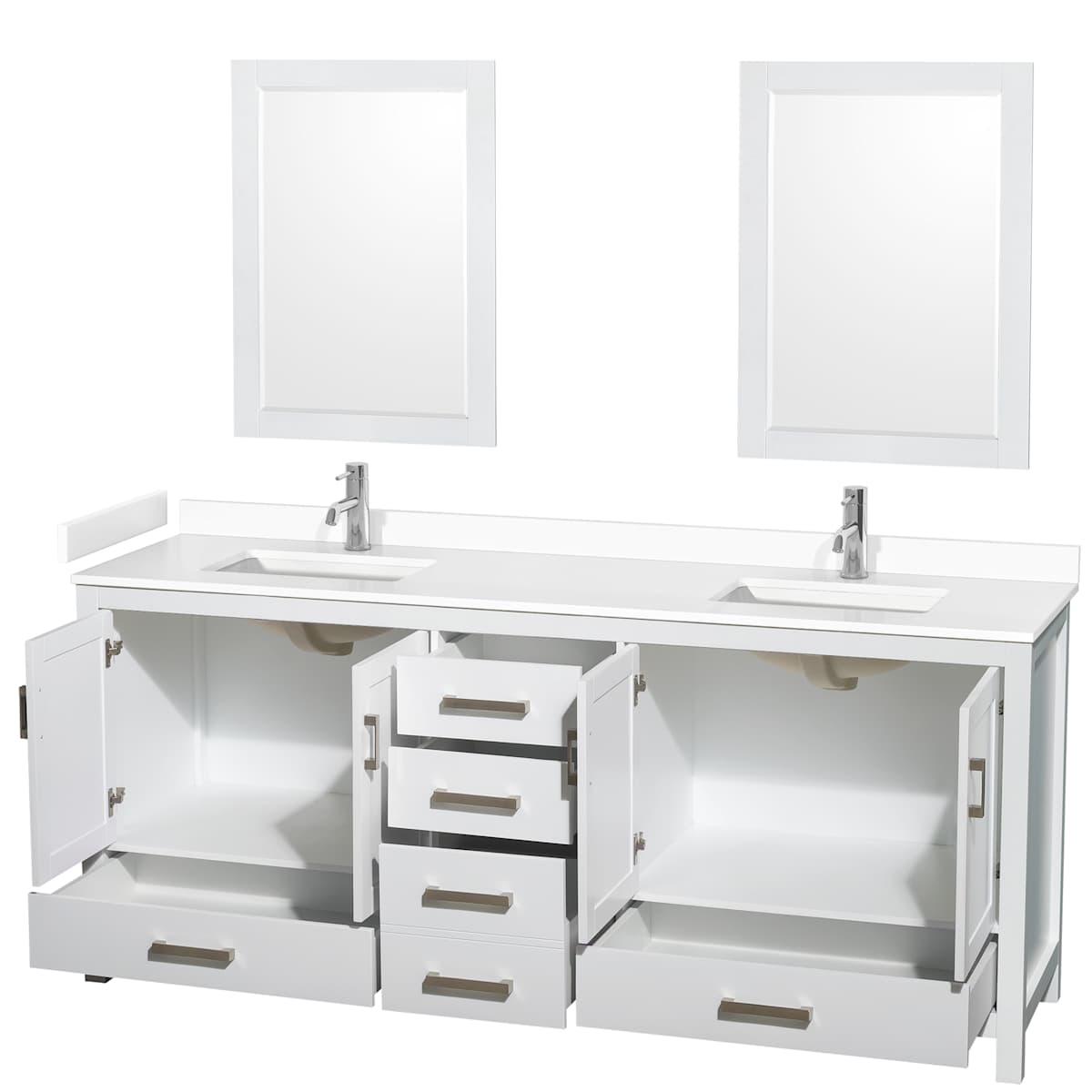 Sheffield 80" Free Standing Double Basin Vanity Set with Cabinet, Cultured Marble Vanity Top, and Framed Mirrors