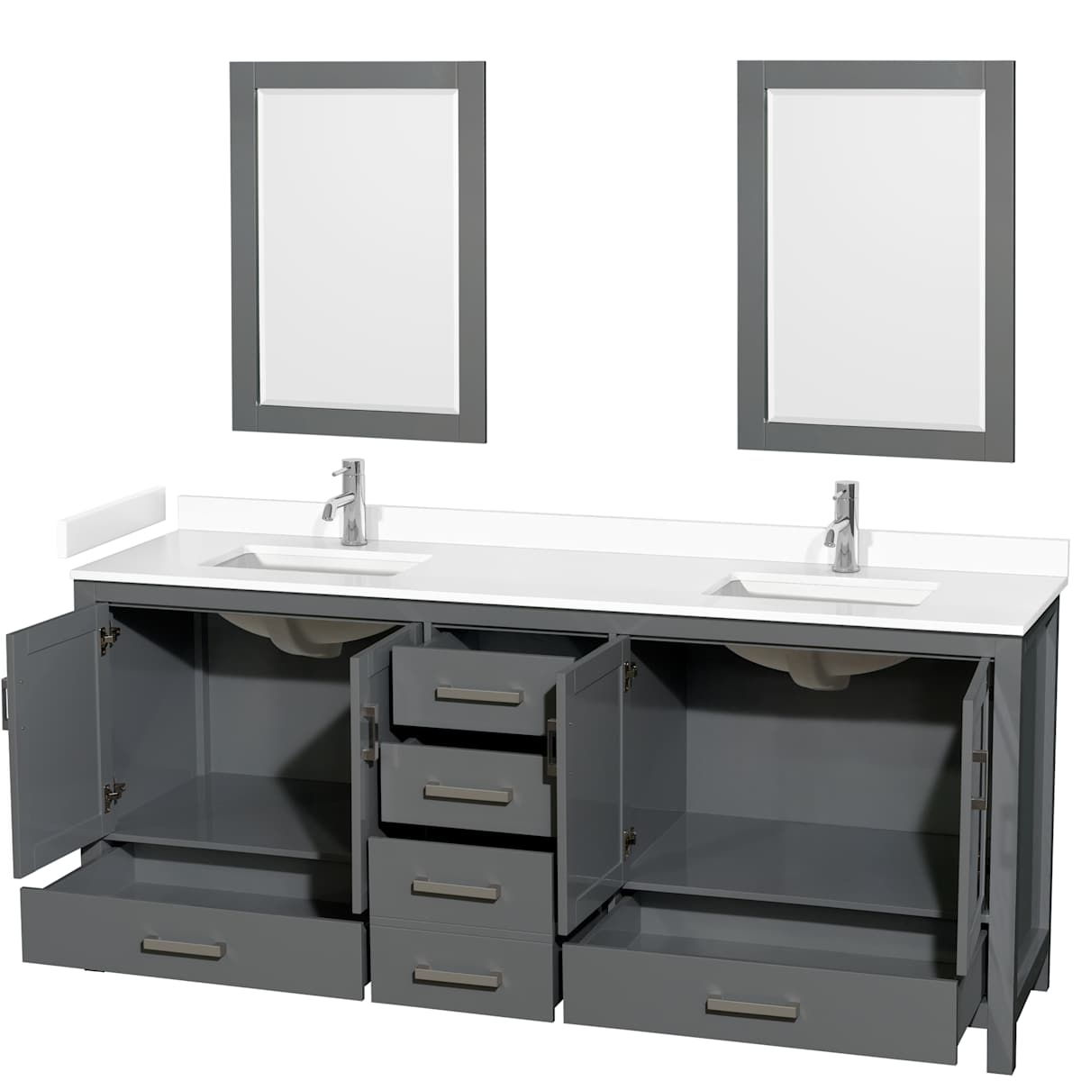 Sheffield 80" Free Standing Double Basin Vanity Set with Cabinet, Cultured Marble Vanity Top, and Framed Mirrors