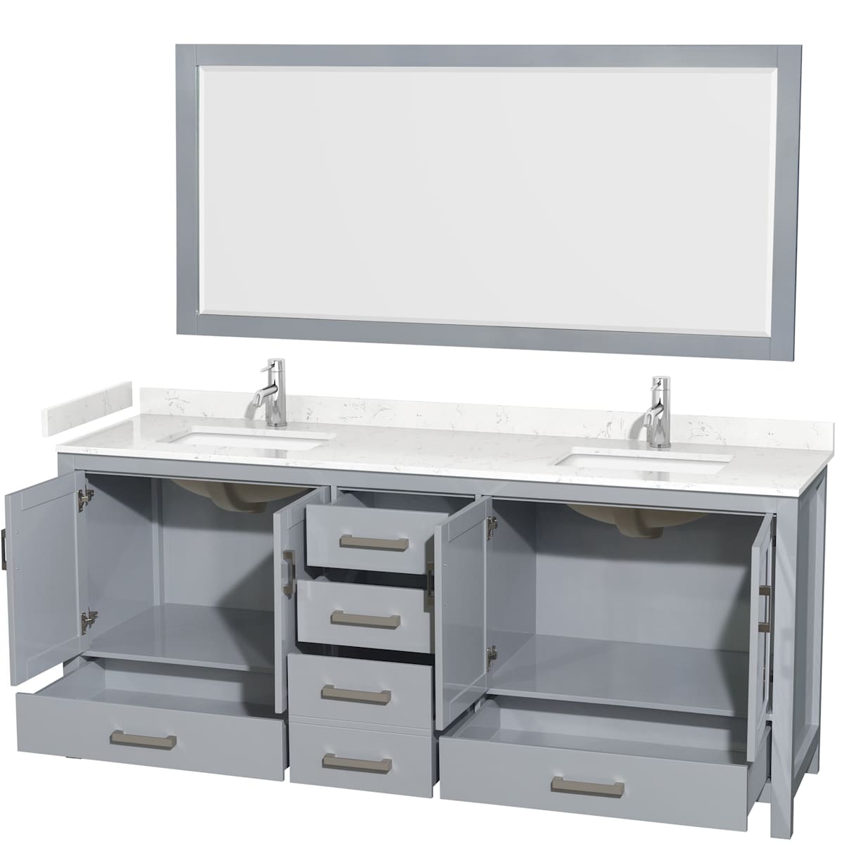 Sheffield 80" Free Standing Double Basin Vanity Set with Cabinet, Cultured Marble Vanity Top, and Framed Mirror