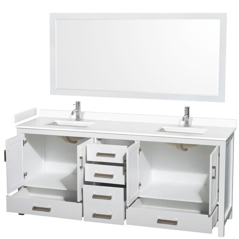 Sheffield 80" Free Standing Double Basin Vanity Set with Cabinet, Cultured Marble Vanity Top, and Framed Mirror - image 10