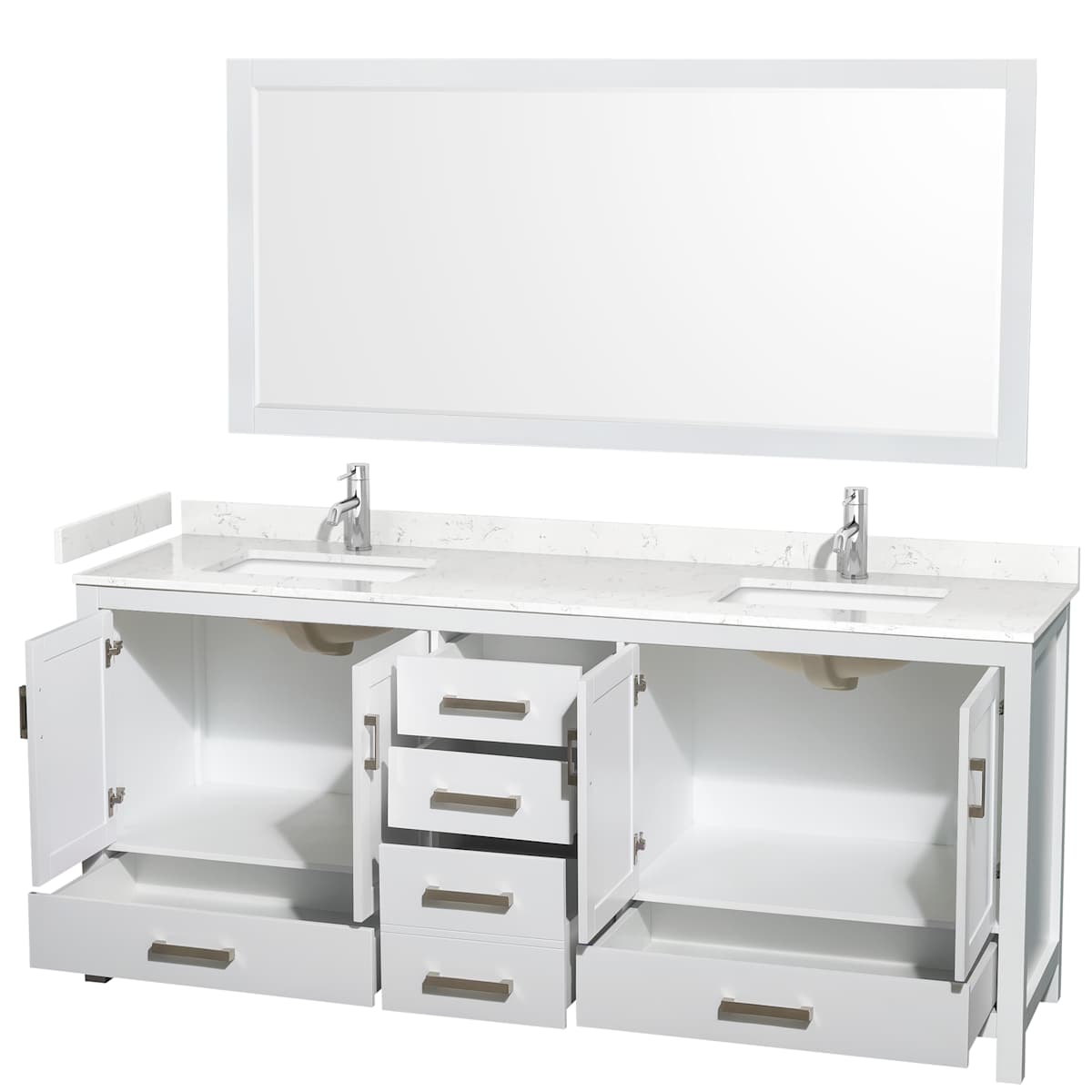 Sheffield 80" Free Standing Double Basin Vanity Set with Cabinet, Cultured Marble Vanity Top, and Framed Mirror