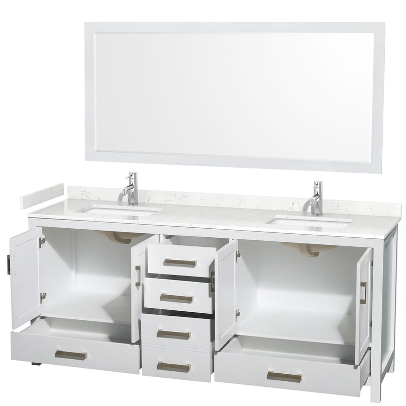 Sheffield 80" Free Standing Double Basin Vanity Set with Cabinet, Cultured Marble Vanity Top, and Framed Mirror - image 11