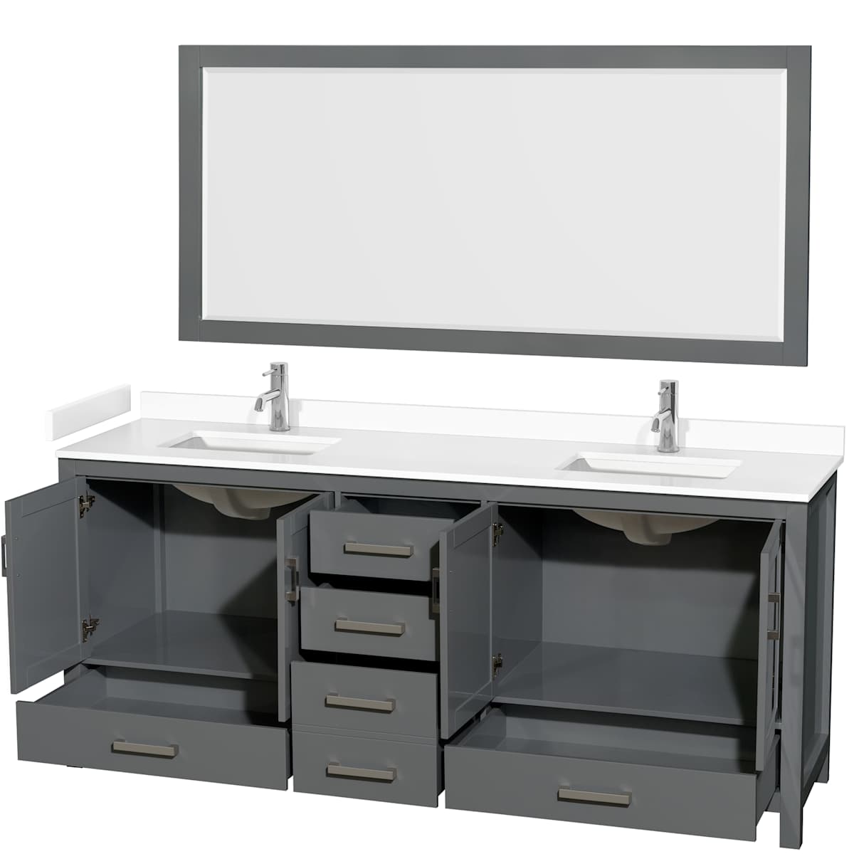 Sheffield 80" Free Standing Double Basin Vanity Set with Cabinet, Cultured Marble Vanity Top, and Framed Mirror