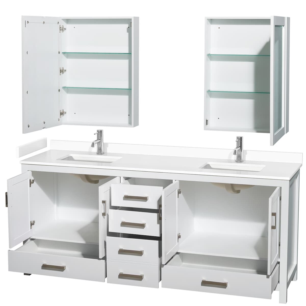 Sheffield 80" Free Standing Double Basin Vanity Set with Hardwood Cabinet, Cultured Marble Vanity Top, and Medicine Cabinets