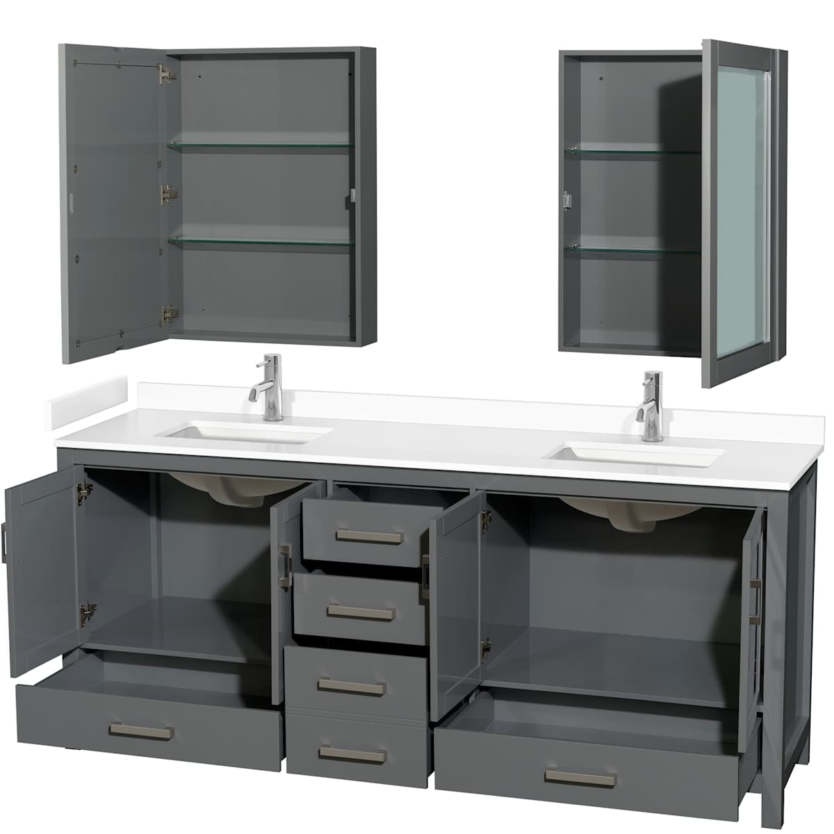 Sheffield 80" Free Standing Double Basin Vanity Set with Hardwood Cabinet, Cultured Marble Vanity Top, and Medicine Cabinets