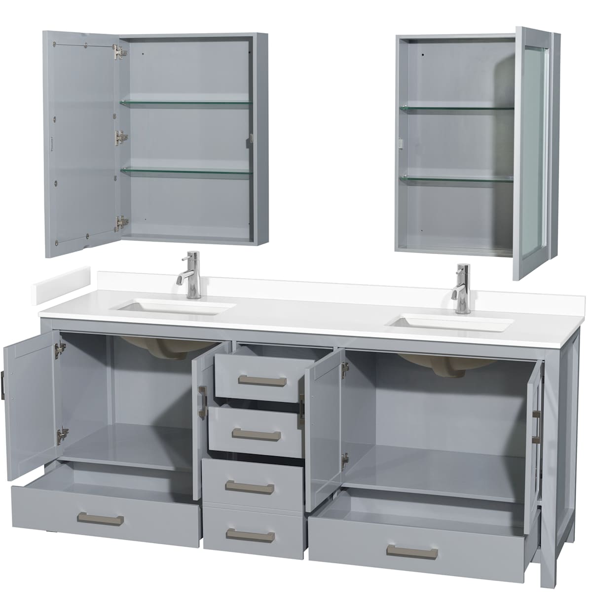 Sheffield 80" Free Standing Double Basin Vanity Set with Hardwood Cabinet, Cultured Marble Vanity Top, and Medicine Cabinets