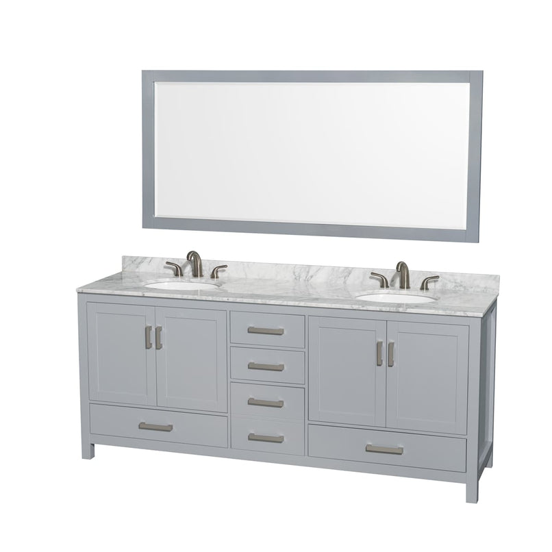 Sheffield 80" Free Standing Double Basin Vanity Set with Hardwood Cabinet, Marble Vanity Top, Mirror, and Undermount Oval Sinks - image 1