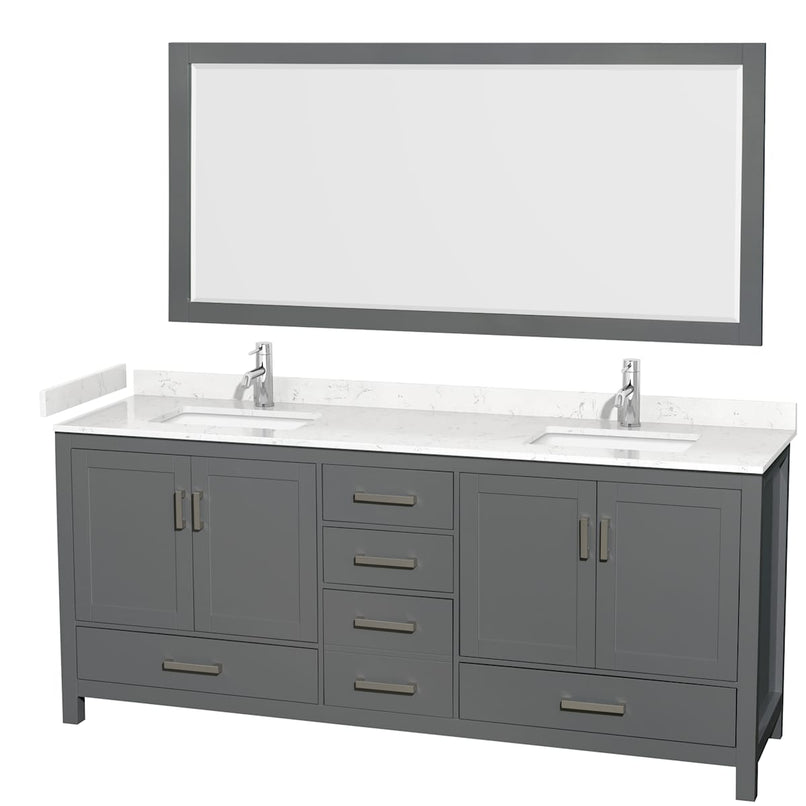 Sheffield 80" Free Standing Double Basin Vanity Set with Cabinet, Cultured Marble Vanity Top, and Framed Mirror - image 1