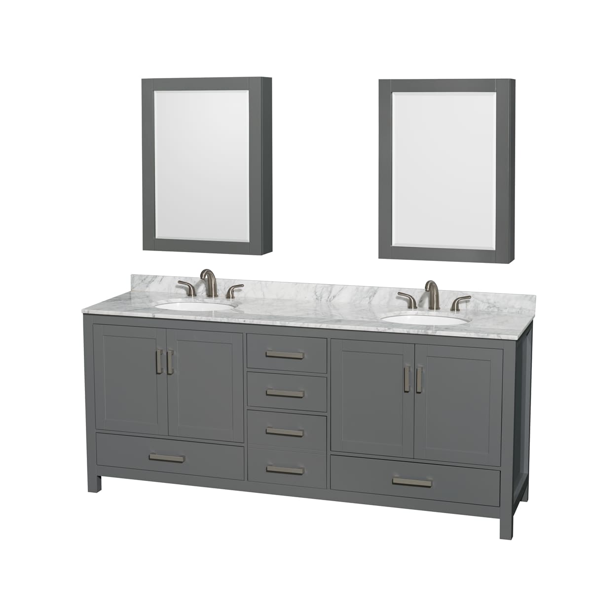 Sheffield 80" Free Standing Double Basin Vanity Set with Hardwood Cabinet, Marble Vanity Top, Medicine Cabinets, and Undermount Oval Sinks - image 1
