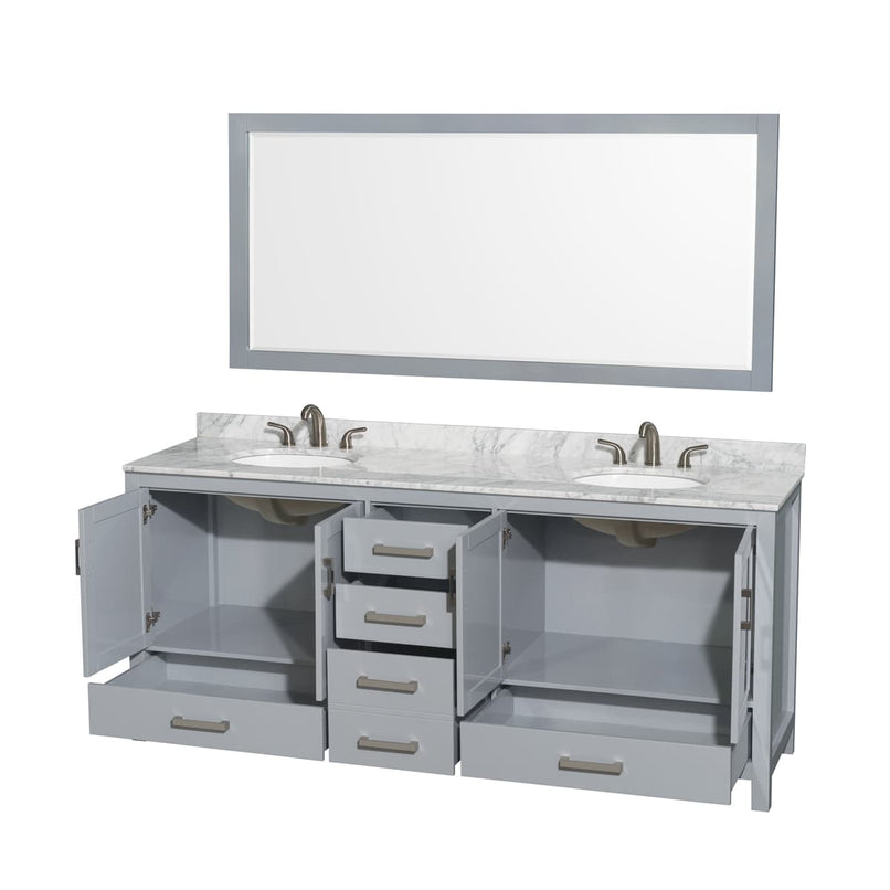 Sheffield 80" Free Standing Double Basin Vanity Set with Hardwood Cabinet, Marble Vanity Top, Mirror, and Undermount Oval Sinks - image 2