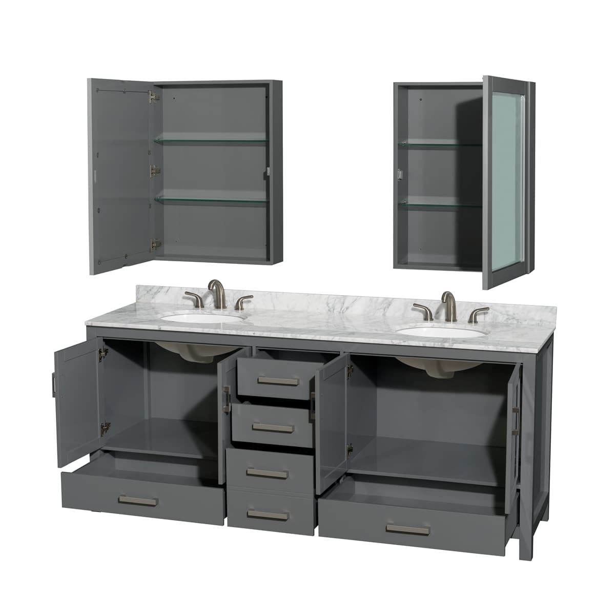 Sheffield 80" Free Standing Double Basin Vanity Set with Hardwood Cabinet, Marble Vanity Top, Medicine Cabinets, and Undermount Oval Sinks